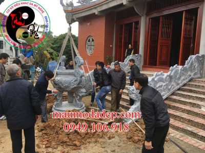 Lắp đặt tượng Rồng đá xanh phong thủy tại Chùa Cao - Bắc Giang